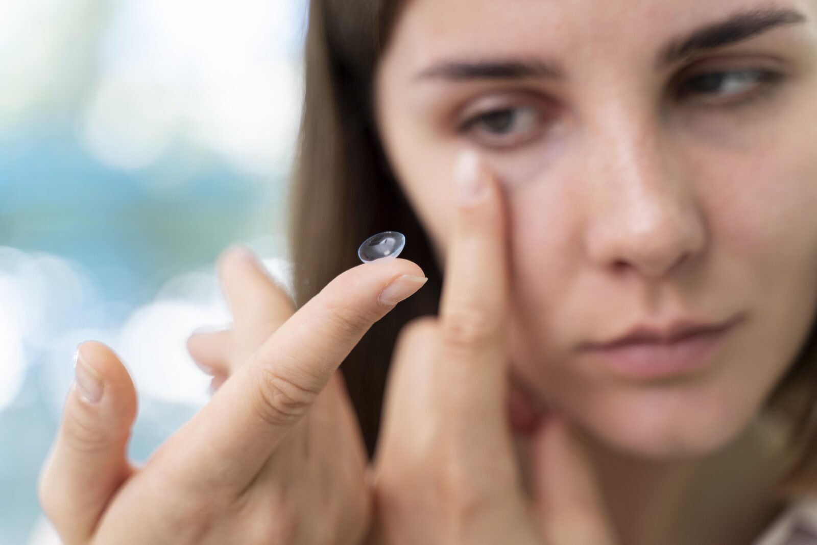 woman inserting contact lenses. Colored contact lenses